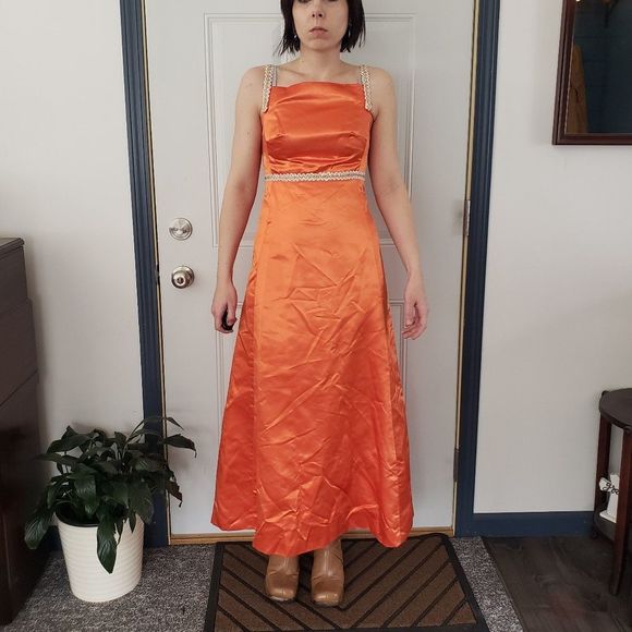 Vintage Dresses & Skirts - 70s Handmade Orange Satin‎ Dress and Jacket